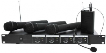 Set 4 Microfoane Ibiza Profesionale Wireless Cu Receiver Vhf 3 Mana + 1 Casca