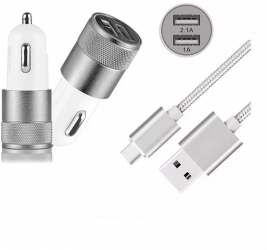 Duo 2.1A/1A Adaptor Auto + cablu USB tip C USB-C Culoare Argint 