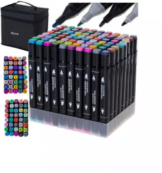 Set 80 markere 2 capete subtire si gros cu geanta de depozitare si suport din plastic multicolore 