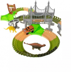 Set pista de curse cu 228 de piese flexibile 2 dinozauri mari 6 dinozauri mici si 2 masini incluse 