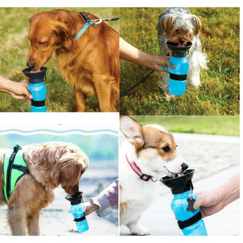 Sticla cu bol de apa pentru caini si pisici 500ml albastru 