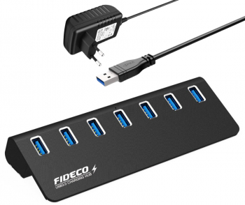 Hub USB Cu 7 porturi USB 3.0 FIDECO Type-C Adaptor Multiport portabil din Aluminiu 350mb/s alimentare PC/Priza 5 Gbps Negru 