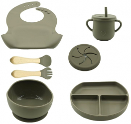 Set 8 piese diversificare bebelusi si copii din silicon eMazing baveta farfurie compartimentata cu ventuza bol cu ventuza tacamuri din l 