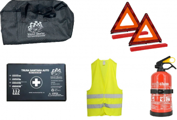 Kit siguranta auto MOTOR STARTER&trade Geanta Vesta Trusa medicala 2 Triunghiuri Stingator P1 cu suport 