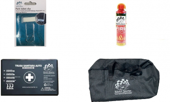 Kit siguranta auto MOTOR STARTER&trade Trusa medicala Stingator spray Tichet parcare Geanta depozitare 