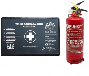 Kit siguranta rutiera omologat Trusa medicala auto prim ajutor + Stingator auto reincarcabil P1 cu pulbere 