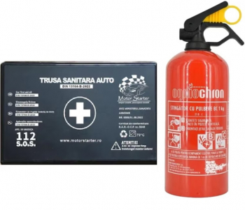 Kit siguranta rutiera omologat Trusa medicala auto prim ajutor + Stingator auto reincarcabil P1 fara manometru cu pulbere 