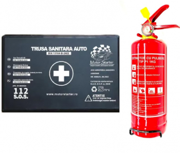 Kit siguranta rutiera omologat - Trusa medicala AUTO + Stingator auto reincarcabil P1 cu pulbere ABC 1kg rosu 