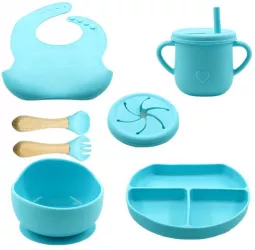 Set 8 piese diversificare bebelusi si copii din silicon eMazing baveta farfurie compartimentata cu ventuza bol cu ventuza tacamuri din l 