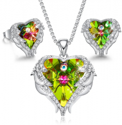 Set Colier si cercei MBrands Placat cu Aur Alb cristale Austria forma inima - Verde 