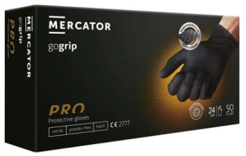 Set 50 bucati Manusi Mercator PowerGrip Nitril groase si rezistente textura diamant protectie la substante chimice negru marimea M