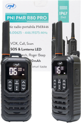 Statie radio portabila PNI PMR R80 PRO set cu 2 bucati 0.5W 16 canale Waterproof IP67 cu lanterna LED buton SOS VOX USB-C 