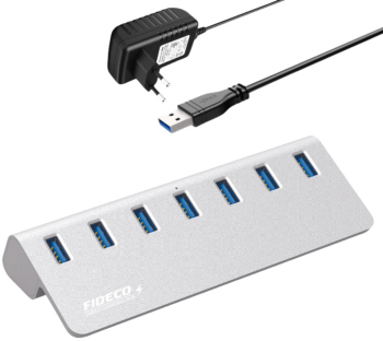 Hub USB Cu 7 porturi USB 3.0 FIDECO Type-C Adaptor Multiport portabil din Aluminiu 350mb/s alimentare PC/Priza 5 Gbps Gri 