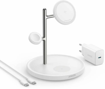 Incarcator wireless magnetic Anker MagGo 3in1 15W Qi2, pentru iPhone 15/14/13 AirPods Pro Apple Watch Ultra incarcator si cablu USB-C inclus 