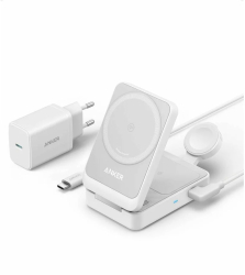 Incarcator wireless magnetic Anker MagGo 3-in-1 MagSafe compatibil 15W Qi2 Certificat Pliabil (incarcator si cablu USB-C inclus) Alb