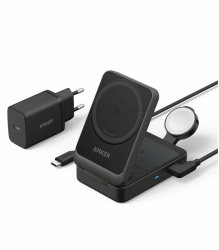 Incarcator wireless magnetic Anker MagGo 3-in-1 MagSafe compatibil 15W Qi2 Certificat Pliabil (incarcator si cablu USB-C inclus) Negru 