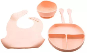 Set 5 piese diversificare bebelusi si copii din silicon eMazing baveta farfurie compartimentata cu ventuza bol cu ventuza tacamuri fara 