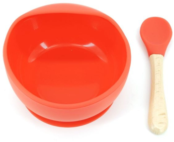 Set 2 piese diversificare bebelusi si copii din silicon eMazing bol cu ventuza lingurita din lemn si silicon pentru gustari fara alergen 