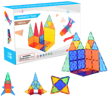 Set inteligent de constructie cu blocuri magnetice MaGeCa® 48 de piese colorate Magnetic Tiles 3D Educativ si creativ Dezvoltarea ab 