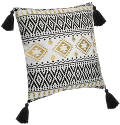 Perna de Vara Ecru Neagra cu Model Liniar din Folie Aurie & Ciucuri Negre 45x45cm 