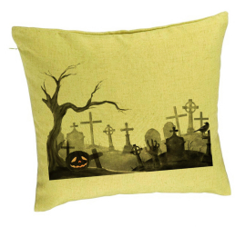 Perna Decorativa cu motiv Cimitir de Halloween 40x40 cm Verde Husa Detasabila Burduf 