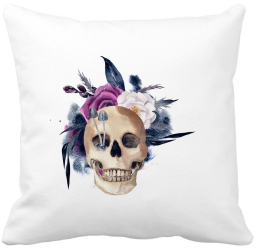Perna Decorativa cu motiv Craniu si Flori de Halloween 40x40 cm Alba Mata Husa Detasabila Burduf 
