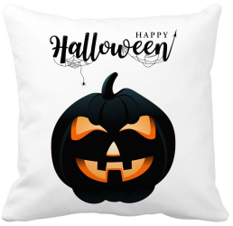 Perna Decorativa cu motiv Dovleac de Halloween si Text 40x40 cm Alba Mata Husa Detasabila Burduf 