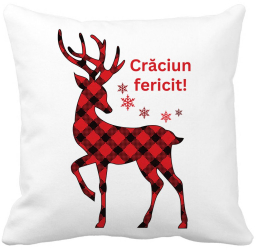 Perna Decorativa cu tematica de Craciun Ren si Text 4 40x40 cm Alba Mata Husa Detasabila Burduf 