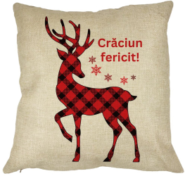 Perna Decorativa cu tematica de Craciun Ren si Text 4 40x40 cm Husa Detasabila Burduf 