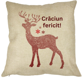 Perna Decorativa cu tematica de Craciun Ren si Text 5 40x40 cm Husa Detasabila Burduf 