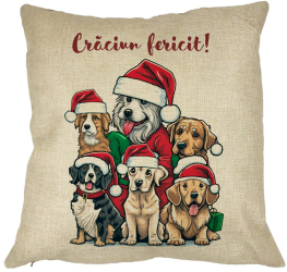 Perna Decorativa de Craciun cu Catelusi si Text 40x40 cm Husa Detasabila Burduf 