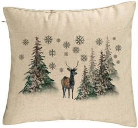 Perna Decorativa de Craciun Peisaj Brazi si Cerb 40x40 cm Bej Husa Detasabila Burduf 