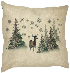 Perna Decorativa de Craciun Peisaj Brazi si Cerb 40x40 cm Husa Detasabila Burduf 