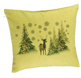 Perna Decorativa de Craciun Peisaj Brazi si Cerb 40x40 cm Verde Husa Detasabila Burduf