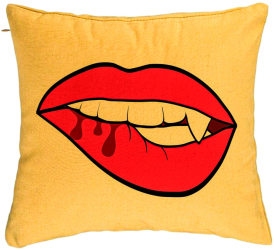 Perna Decorativa Model Buze Femeie si Dinte de Vampir 40x40 cm Galben Husa Detasabila Burduf 