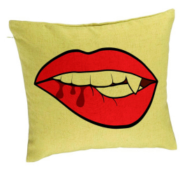 Perna Decorativa Model Buze Femeie si Dinte de Vampir 40x40 cm Verde Husa Detasabila Burduf 