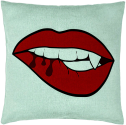Perna Decorativa Model Buze Femeie si Dinte de Vampir 40x40 cm Verde Menta Husa Detasabila Burduf 
