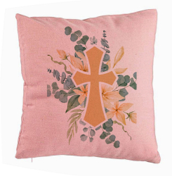 Perna Decorativa Model Florala cu Cruce 40x40 cm Roz Husa Detasabila Burduf 