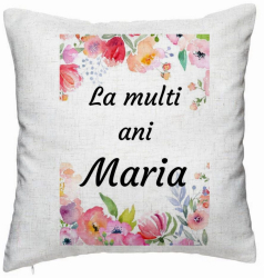 Perna Decorativa Model La multi ani Maria 2 40x40 cm Alb Murdar Husa Detasabila Burduf 