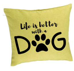 Perna Decorativa Model Life is better with a Dog 40x40 cm Verde Husa Detasabila Burduf 