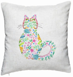Perna Decorativa Model Pisica cu Flori Multicolor 40x40 cm Alb Murdar Husa Detasabila Burduf 