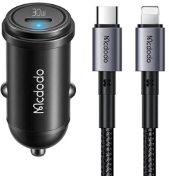 Incarcator auto USB-c 30w + cablu USB-c la Lightning negru 