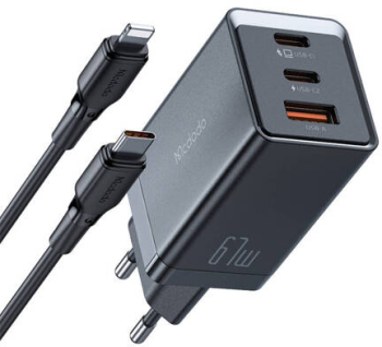 Incarcator de perete Gan 2x Usb-c 1x Usb 67w + cablu USB-c la USB-c negru 