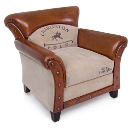 Fotoliu cu tapiterie piele naturala si material textil picioare din lemn mango Charleston 86 cm x 76 cm x 77 h 