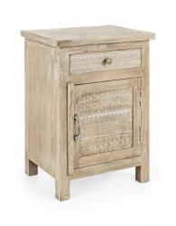 Noptiera 1 sertar 1 usa lemn natur cu patina alba Mayra 44 cm x 35 cm x 60 h 