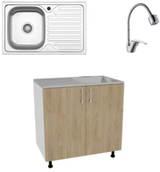 Set Masca Chiuveta haaus Karo Lemn Natural/Alb 80 x 50 x 80 cm Chiuveta haaus Inox Cuva stanga Baterie Flexibila 