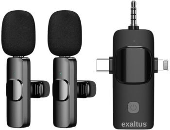 Set 2 microfoane profesionale lavaliera Exaltus® USB C 3.5 Jack Lightning Wireless live 2.4 GHz interviuri Reincarcabile Reduce