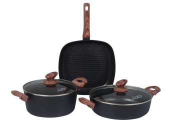 Set pentru gatit din aluminiu forjat acoperire cu aspect sablat 3 straturi baza inductie 5 piese Negru