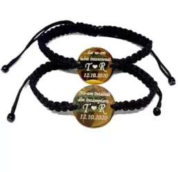 Set de 2 bratari impletite negre personalizat cu initiale si data cu mesaj 