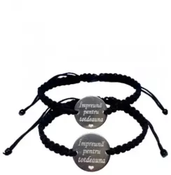 Set de 2 bratari negre impletite pentru cupluri cu mesajul Impreuna pentru totdeauna 